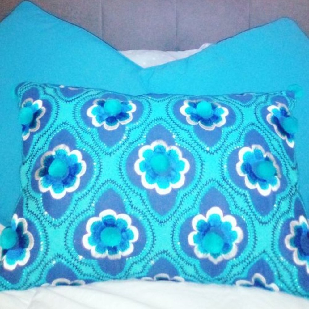 Jaipur Market navy, teal, blue Boho pom pom decorative geometric shape pillow